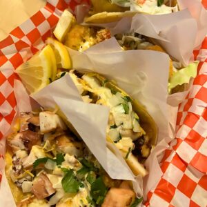 Octopus, Garlic Shrimp, and Fish Tacos